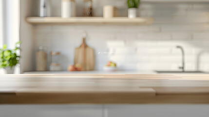 Tablet top for product placement on with blurred background of a modern minimal interior of a kitchen : Generative AI