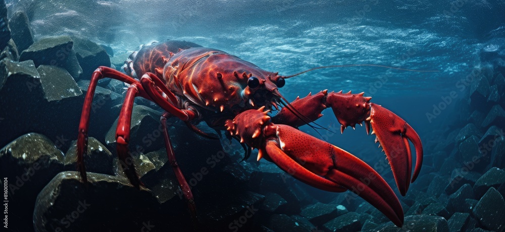 Canvas Prints bold red lobster gracefully gliding through blue ocean near grey rocks