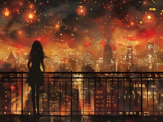 girl standing on the balcony Looking at the cityscape at night and the stars twinkling, beautiful and comforting.Generative AI