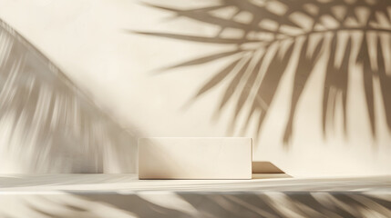 Fototapeta premium Minimal product placement background with palm shadow on plaster wall Luxury summer architecture interior aesthetic Creative product platform stage mockup : Generative AI