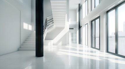 Interior of long empty passage with bright windows and black column with stairway in modern penthouse : Generative AI