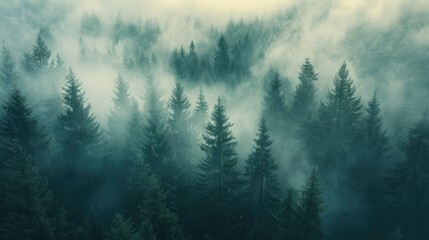 Misty landscape with fir forest in vintage retro style