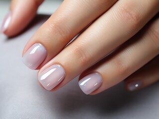 close up of a hand with a beautiful manicure with a sheer pink polish. The nails should be short and natural looking.