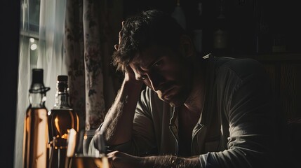 man grappling with alcohol addiction despair and struggle symbolized in dark portrait