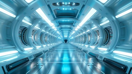 Naklejka premium The futuristic spaceship's interior is illuminated by a beautiful mix of blue and white lights, creating a mesmerizing glow.