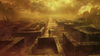 man standing in the middle of a destroyed maze fantasy anime concept illustration