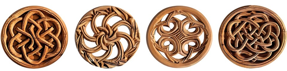  Four wooden buttons with intricate carvings. Each button has a different design, including...