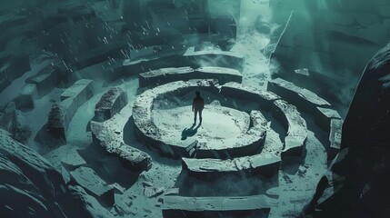 man standing in the middle of a destroyed maze fantasy anime concept illustration