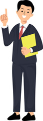 office man standing holding file with hands pointing finger up to copy space or advertising concept and announcement