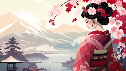 Fototapeta premium A woman in a red kimono stands in front of a mountain range. The image has a serene and peaceful mood, with the woman and the landscape