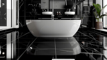 Timeless beauty with this black and white bathroom with freestanding tub and black glossy tiles This exquisite wellness inspired interior design transforms your space into glistening e : Generative AI