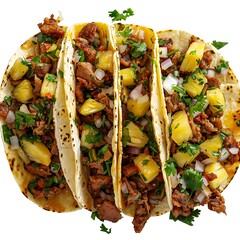 A plate with four tacos, topped with pineapple salsa and meat.by copy space