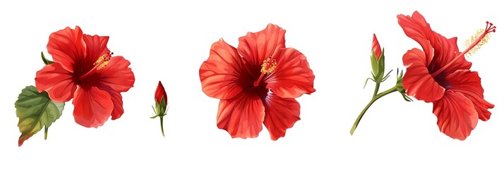  three red hibiscus flowers in different stages of bloom, with green stems and leaves on a white background. by copy space