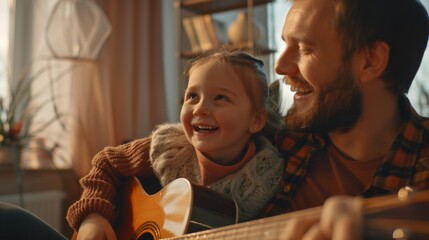 Father and daughter enjoying time together playing guitar and smiling in a warm, cozy room during...