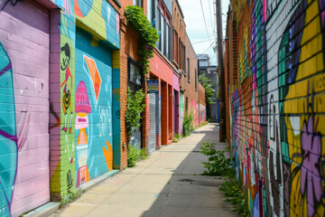 Fototapeta premium A quirky street art alley adorned with vibrant murals, graffiti tags, and urban artworks, showcasing the creativity and expression of local artists in a colorful and dynamic outdoor gallery. 