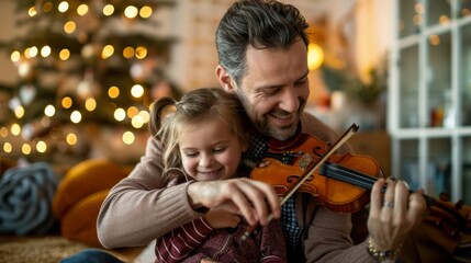 Obraz premium Father teaching young daughter to play violin at home with Christmas tree in the background, sharing joyful moment together.