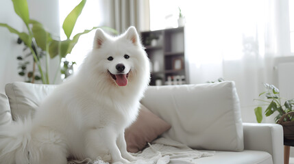 Adorable Samoyed dog in modern living room : Generative AI