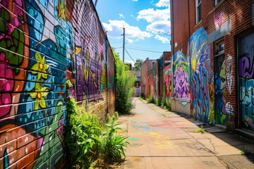 Fototapeta premium A quirky street art alley adorned with vibrant murals, graffiti tags, and urban artworks, showcasing the creativity and expression of local artists in a colorful and dynamic outdoor gallery. 