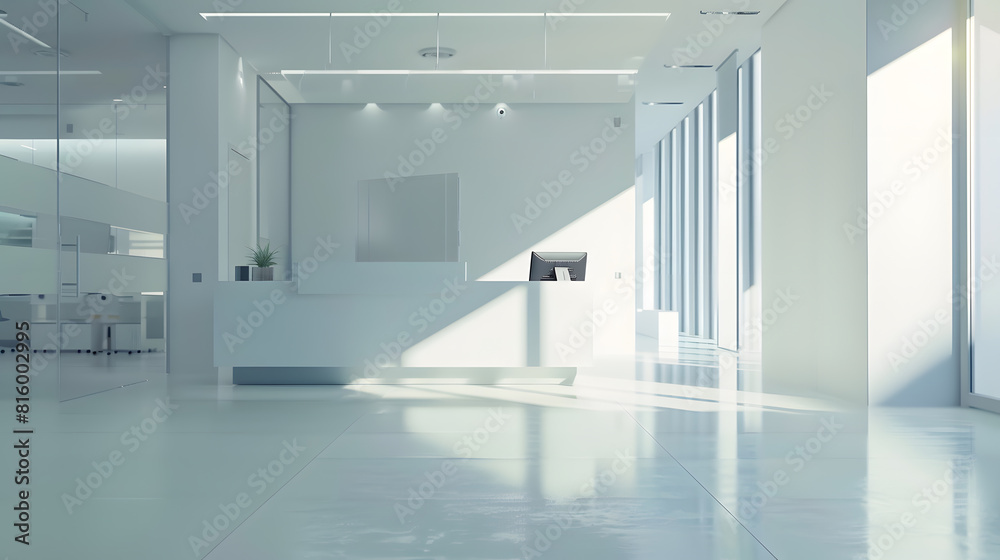 Poster Large angle view Interior of an empty modern office with an empty desk Business and workplace Clean interior of a corporate company : Generative AI