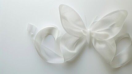 photograph of butterfly shape ribbon, color of white, white background, studio lighting