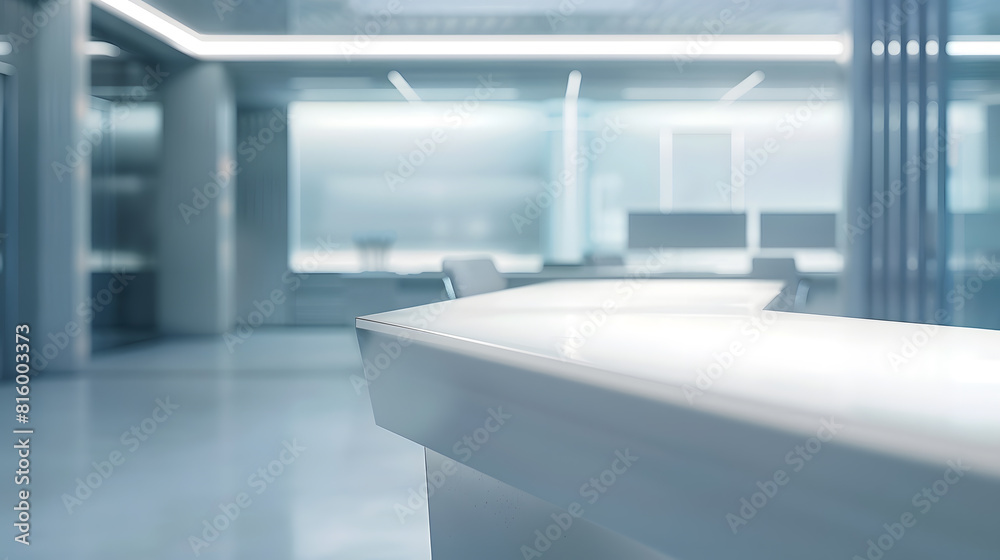 Poster Large angle view Interior of an empty modern office with an empty desk Business and workplace Clean interior of a corporate company : Generative AI