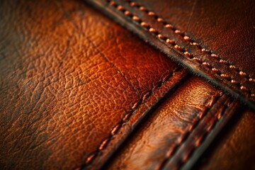 Detailed close-up of a hand-stitched leather wallet, the smooth surface showcasing the intricate pattern of the stitching and the natural grain of the leather