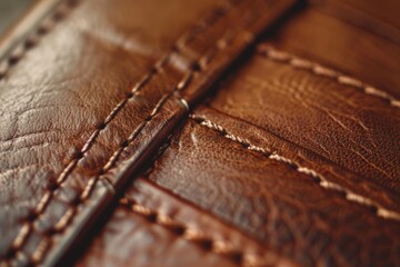 Detailed close-up of a hand-stitched leather wallet, the smooth surface showcasing the intricate pattern of the stitching and the natural grain of the leather