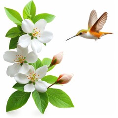 a hummingbird flying near a flower with a white background