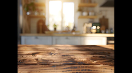 beautiful brown wood table top kitchen interior background and blurred defocused with daylight flare bokeh product montage display : Generative AI