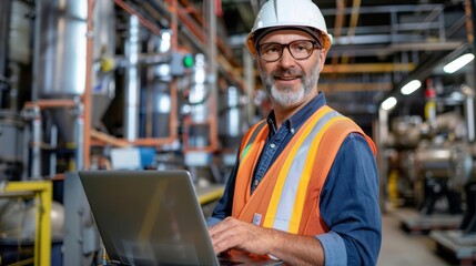 middleaged engineer in highvisibility vest using laptop modern technology factory portrait