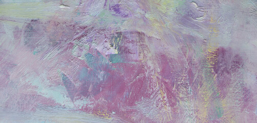 Textured panorama background. Abstract fictional landscape. Pink weathered brush strokes and palette knife structure.