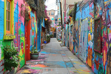 Fototapeta premium A quirky street art alley adorned with vibrant murals, graffiti tags, and urban artworks, showcasing the creativity and expression of local artists in a colorful and dynamic outdoor gallery. 