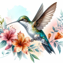 Obraz premium watercolor color painting of hummingbird image on white background