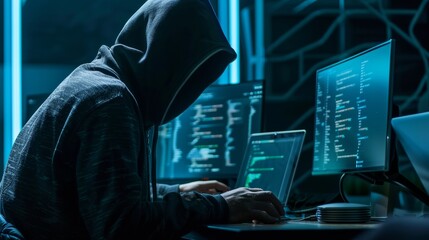 Hooded figure working on multiple computers with code on screens in a dark room, concept of hacking or programming.