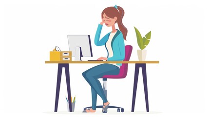 A young professional woman working at her desk with a laptop, some stationery, a plant, and experiencing a thoughtful moment.