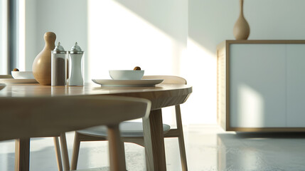 Interior design of stylish dining room interior with family wooden table modern chairs plate with nuts  salt and pepper shakers Concrete floor White wall Template : Generative AI