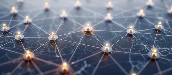 A network of profile shapes connected by lines is set against a dark backdrop. The interconnected nature of customer service and communication.
