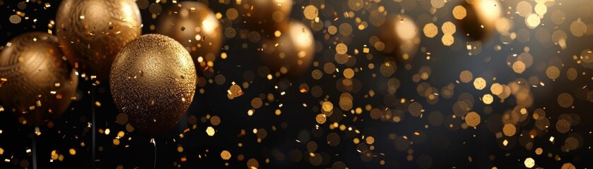 Realistic golden hot air balloon displayed against a black background, surrounded by text and sparkling confetti.