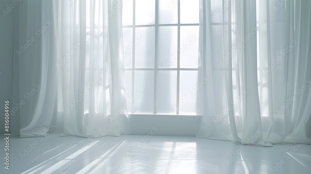 Aufkleber backlit window with white curtains in empty room : generative ai