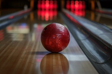 Close-up of a shiny red bowling ball on a wooden lane with illuminated pins at end
