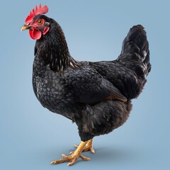a black chicken with a red comb standing on a blue background