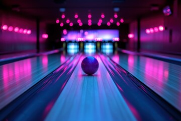 A single bowling ball sits on a lane under vibrant neon lights in an empty bowling alley