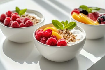Healthy breakfast set with yogurt, granola, and a variety of fresh berries and fruit slices