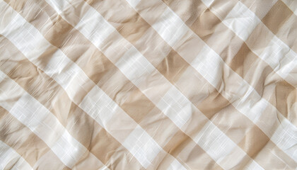 Beige checkered tablecloth as background, top view