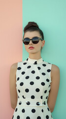 Fashionable woman dressed in retro attire, featuring polka dot dress and cat-eye sunglasses