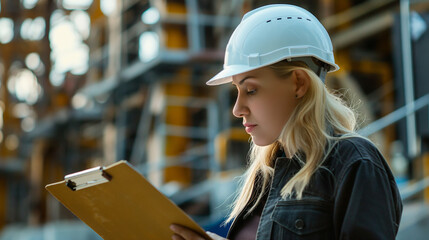 Female architect on a construction site, wearing a hard hat