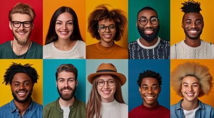 A grid of portraits showing diverse people smiling, each against their own colored background. The photos should be arranged in rows and columns to create an appealing composition, with each