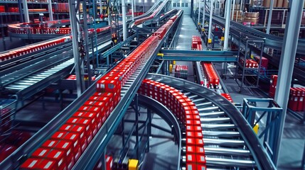 Automated packaging section of a modern industrial factory from top view  Conveyor belts packaging products efficiently