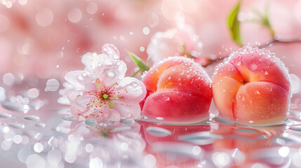 Peach fruit and cherry blossom with water drops on white background