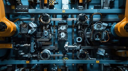 Automated parts sorting system in operation from top view  Efficient sorting of components, captured in robotic tone with a Triadic Color Scheme